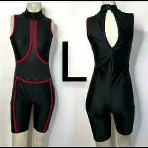 🆕Black Mesh & Red Biker Shorts Fashion Romper With Face Mask ~Size L